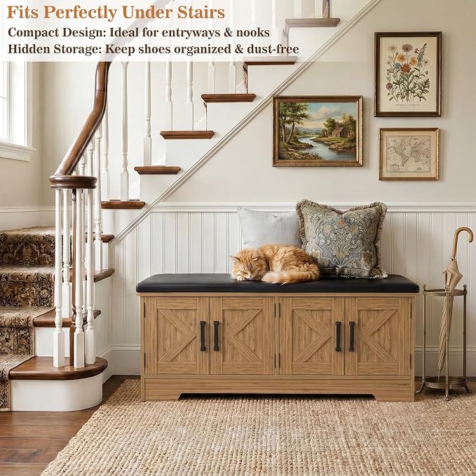 Farmhouse Shoe Storage Bench with Cushion - 43.3" Entryway Bench with Storage & 4 Barn Doors, 2-Tier Wooden Shoe Rack Bench, Shoe Cabinet & Mudroom Bench for Bedroom Hallway Living Room, Brown Oak