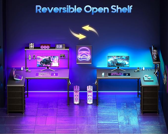 MOTPK 43” L Shaped Gaming Desk for Small Rooms, Compact Corner Computer Table with Shelf & Hutch, 4 Drawers, Reversible Study Desk with LED Light, Power Outlets & USB Ports, Black Carbon Fiber