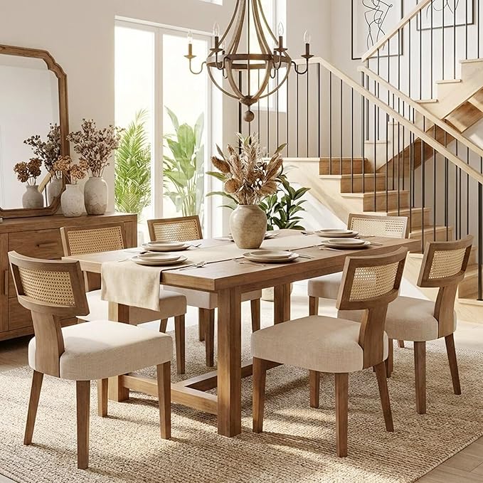 HNY Mid Century Modern Rattan Dining Chairs Set of 6, Linen Upholstered Kitchen & Dining Room Chairs with Ergonomic Curved Back, Solid Wood Frame, Farmhouse Accent Chairs for Home, Apartment, Beige
