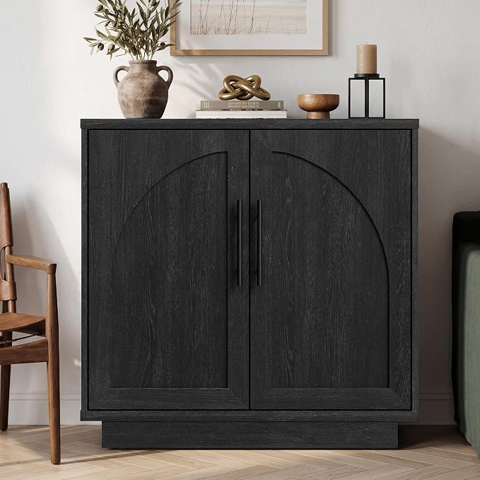 Fatmok Arched Sideboard Buffet Accent Cabinet, 31.5" Credenza with Adjustable Shelf, 2-Piece Modular Coffee Station Storage for Kitchen Living Room Bedroom, Black Grey