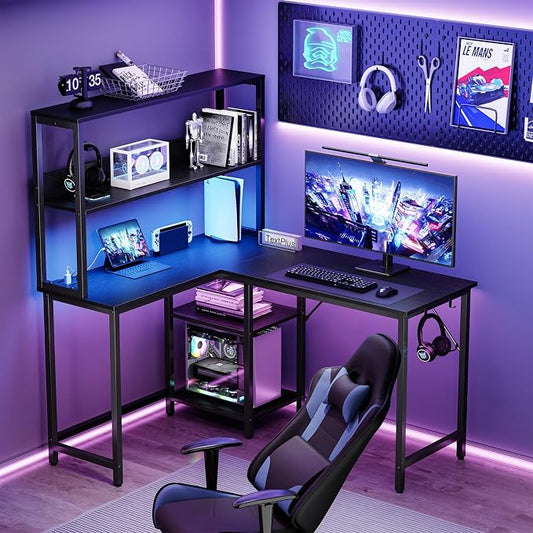 DUMOS L Shaped Desk Gaming Desk with LED & Power Outlet 43 in Reversible Corner Computer Table with Adjustable Shelf & CPU Stand, Home Office Writing Table, Black