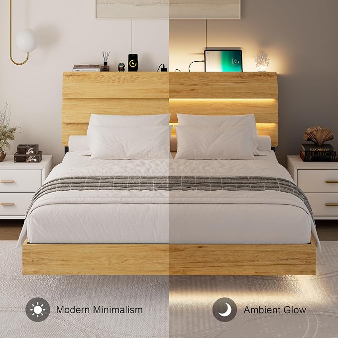 Feonase Floating Bed Frame Queen with Led Lights and Charging Station, Wood Full Size Bed Frame with Storage Headboard, Heavy Duty Metal Slats, No Box Spring Needed, Easy Assembly,Oak