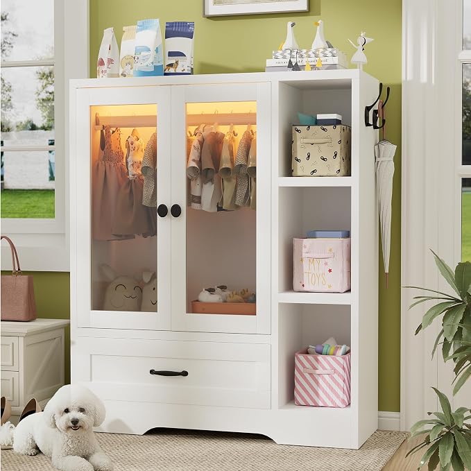 kepptory Large Pet Wardrobe Closet with LED Light, 3 Tiers Storage Shelves & Drawer, White Pet Clothes Organizer Cabinet with Hanging Rod, Multi-Functional Pet Closet for Dogs & Cats Clothing, Toys