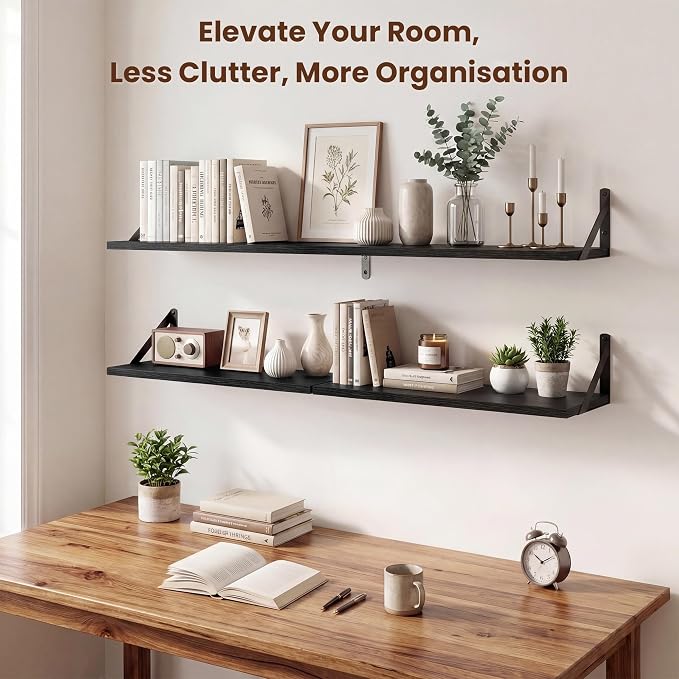 Axeman 36 Inch Floating Shelves | 8 Inch Deep Black Wall Shelves Set of 2 | 36''W x 8''D Rustic Black Wood Shelves for Bathroom Living Room Bedroom Kitchen