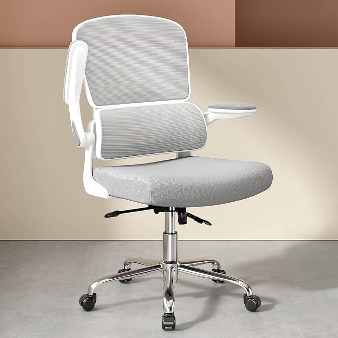 Logicfox Ergonomic Office Chair, Comfortable Office Chair with Flip-up Arms, Adaptive Lumbar Support, Mesh Computer Chair with Thick Cushion, White Desk Chair with 90°-130° Tilt Function
