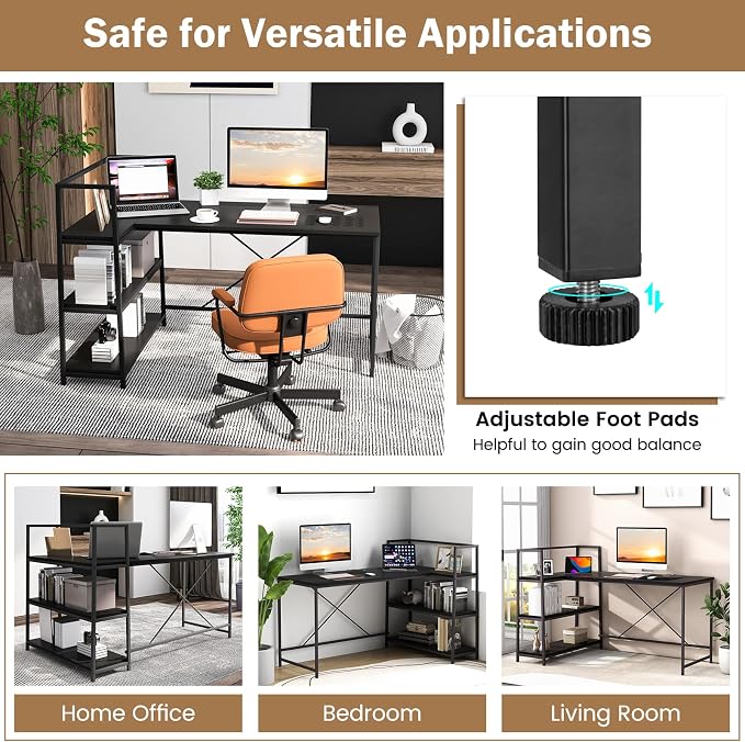 Tangkula Reversible L-Shaped Computer Desk, Space Saving Corner Desk with 3-Tier Storage Shelves & Metal Frame, Modern Executive Home Office Desk, PC Laptop Desk Workstation for Small Space (Black)