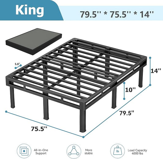 NKZ Box Spring King Size, 14 inch All-in-One Box Spring with 9 Legs for King Bed, 4000lbs Heavy Duty Metal Mattress Foundation with Fabric Cover, Noise Free, Easy Assembly, Black