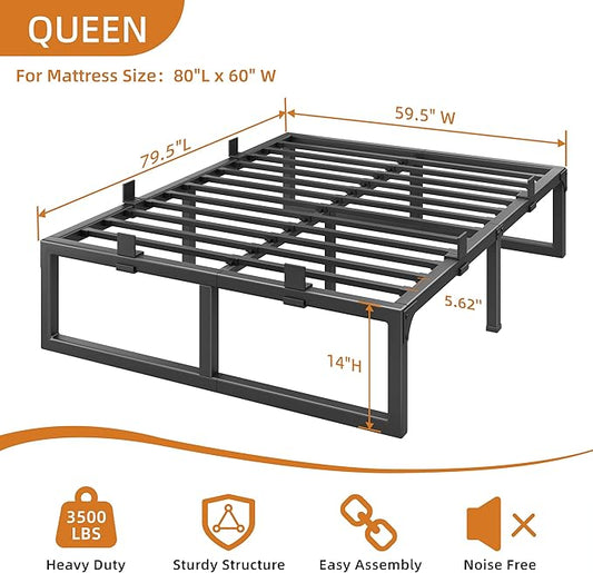 Queen Bed Frame, 14 Inch Metal Platform Bed Frames with Squeak Free U-Slot Design, 6 Non-Slip Guards, 3500lbs Heavy Duty Steel Slat Support, No Box Spring Needed, Under Bed Storage, Black