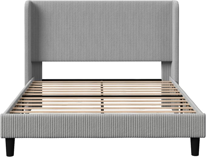 Allewie Queen Size Bed Frame with Upholstered Wingback Headboard, Vertical Channel Tufted Corduroy Velvet Platform Bed, Strong Wooden Slats Support, No Box Spring Needed, Easy Assembly, Light Grey