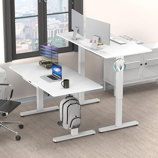 SHW 55 x 28 Inches Electric Height Adjustable Standing Desk with Drawer and Memory Preset, White