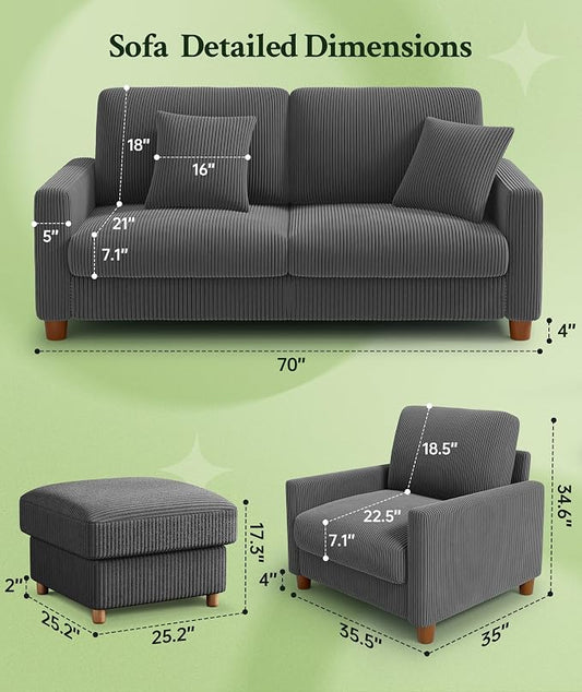 Welzona 70.2" Couches for Living Room, Comfy Sofa Set Tool-Free Setup, Corduroy Couch Set 7.1" Thicker Cushion, Accent Chair with Ottoman 848lbs Support, Sofas for Living Room Home Office, Grey
