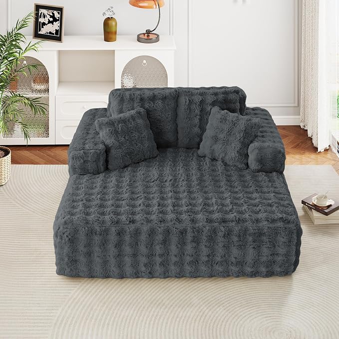 JEEOHEY 56" W Oversized Chaise Lounge Chair Indoor,Plush Faux Fur Sleeper Couch Sofa Bed with Pillows,Fluffy Comfy Cloud Sofa,Compression Foam Boneless Couch for Living Room,Bedroom(Bubble, Grey)