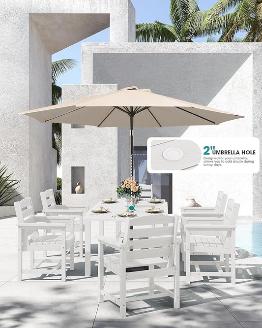 SERWALL 60" - 83" Expandable Outdoor Dining Table and 6 HDPE Chairs, White | Outdoor Dining Set for 6, All Weather Aluminum and HDPE Outdoor Furniture Set, Extendable Patio Dining Table