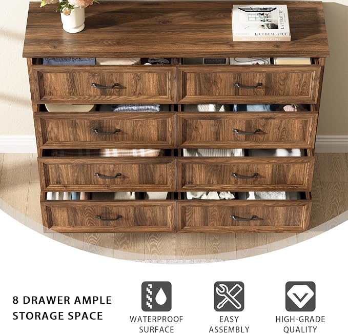 CARPETNAL Farmhouse Dresser and Nightstand Sets for Bedroom, 3 Pcs Bedroom Set, 8 Drawer Dresser & Nightstand Set of 2, Modern Wood Chest of Drawers for Bedroom, Living Room, Entryway, Brown