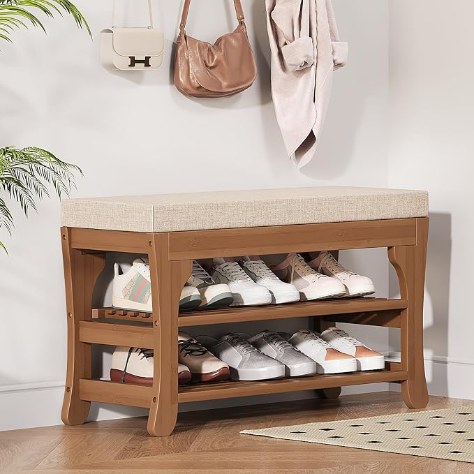 PETKABOO 27.6" Shoe Storage Bench with Cushion, Bamboo Shoe Rack Bench, 2-Tier Entryway Shoe Organizer, Supports up to 350 LB, for Hallway, Bedroom, Closet, Living Room