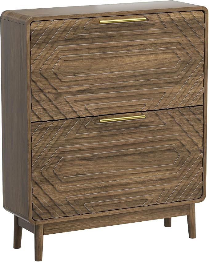Shoe Cabinet with Fluted Flip Drawers, 31.5" w Narrow Shoe Storage Cabinet for Entryway, Hidden Freestanding Shoe Organizer Rack Cabinet