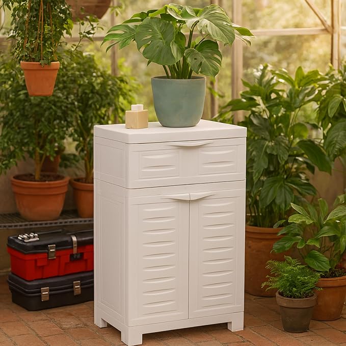 Sunnydaze 34.5" H Resin Garage Storage Cabinet - Garage Cabinet with Adjustable Shelf - Freestanding Utility Storage for Laundry Room, Office, Basement - Speckled White