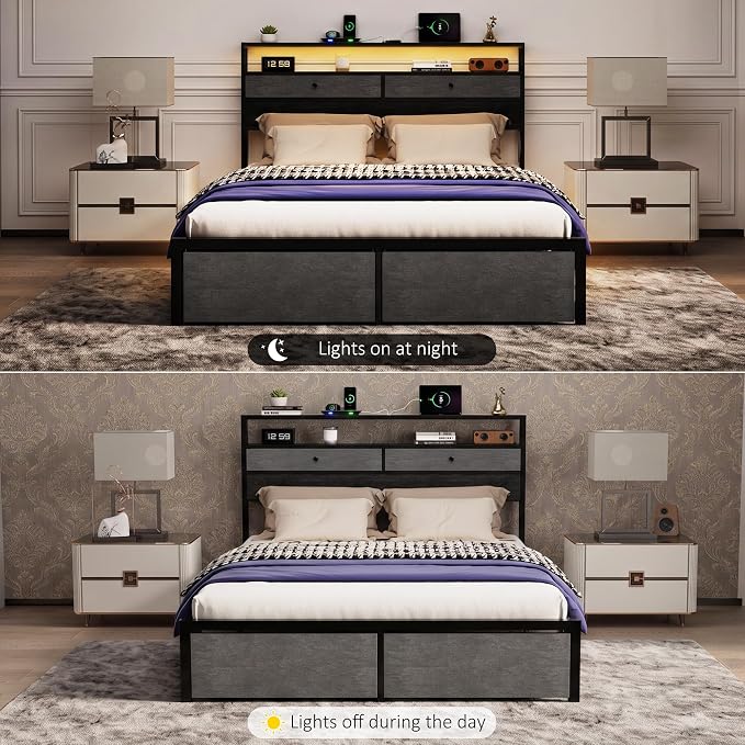 Full Bed Frame with LED Lights and Charging Station, Platform Bed with Metal Slats, Wood Headboard with 2 Fabric Drawers and Storage Shelves, No Box Spring Needed