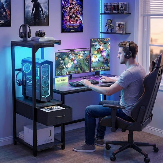 Grandder Gaming Desk 47 Inch with CPU Stand and LED Light, Computer Desk with Reversible Shelves and Storage Drawer, Pc Small Desk for Home Office Table with Bag, Carbon Fiber Black