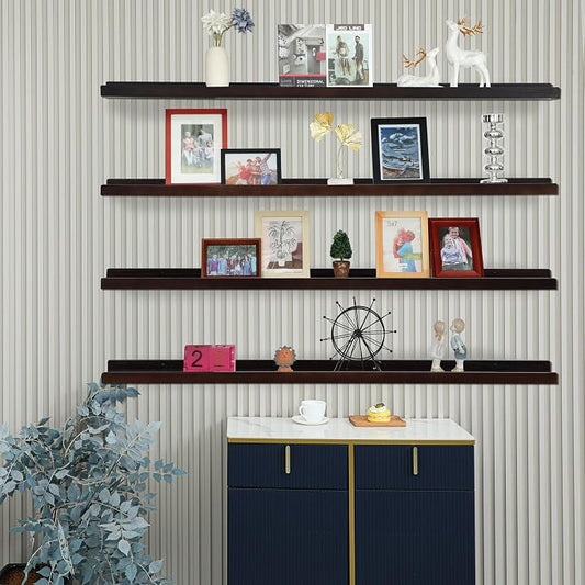 PHOENANCEE Long Floating Shelves for Wall 47 Inch,Real Wood Picture Ledge Shelf with Lip Set of 4,Photo Frame Storage Display for Living Room Nursery Bedroom Bathroom Kitchen Home Decor (Dark Walnut)