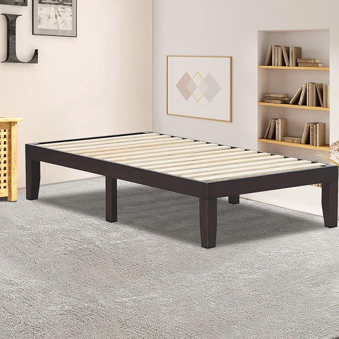 COSTWAY Twin Size Platform Bed Frame, 14 Inches Solid Rubber Wood Bed Mattress Foundation with Sturdy Slats Support, Easy Assembly Bed Frame for Home Hotel, No Box Spring Needed (Espresso, Twin)