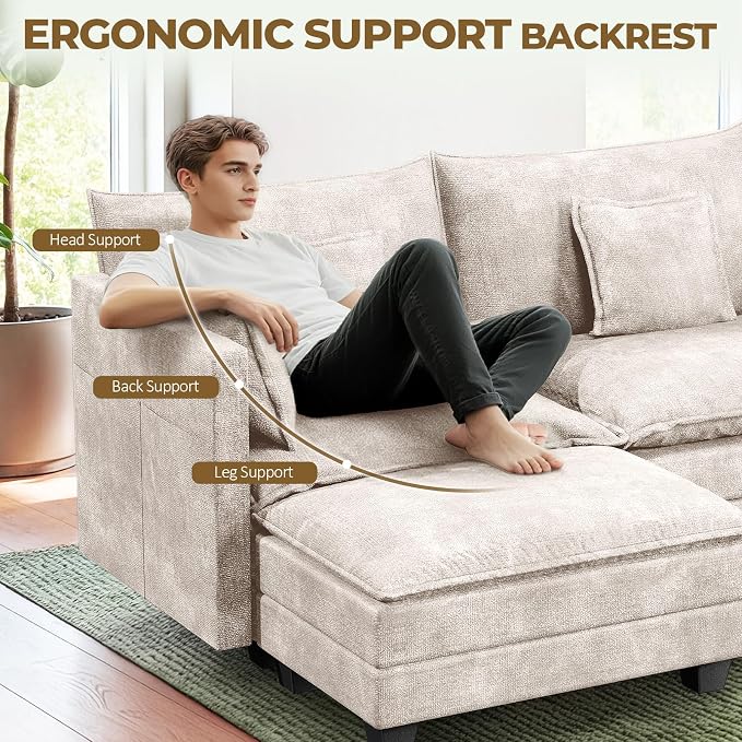 LEVELEVE 112.5" L-Shape Modular Sofa with 1 Ottomans, Deep Seat Cloud Convertible Sleeper, 3 Throw 2 Arm Pillows, Comfortable Upholstered Furniture for Living Room Apartment, Beige