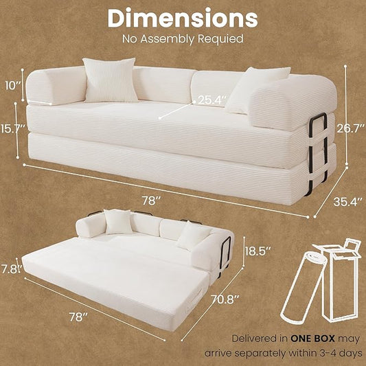 79" Convertible Sofa Bed, Boneless Corduroy Sleeper Foldable Modular Couch, Memory Foam Compressed Sofa in A Box, Folding Mattress Floor Couch for Small Space Living Room Apartment Bedroom, White
