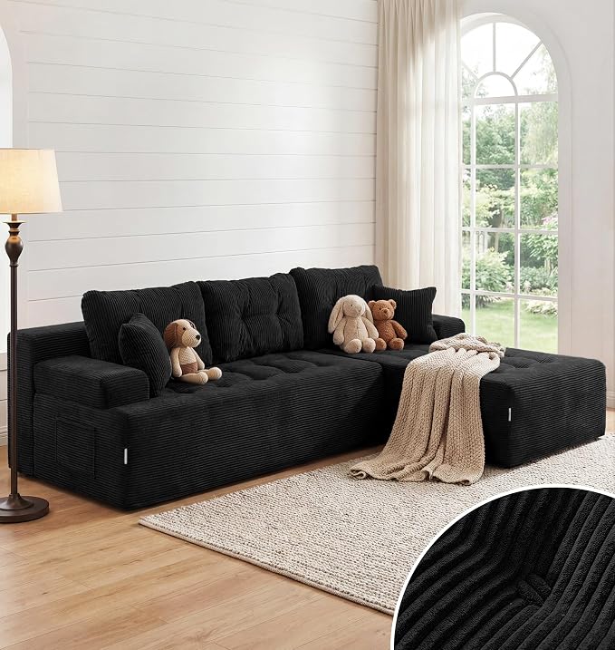 Hobestluk Modular Sectional Sofa Couches L-Shape Couch 3 Seat Modular Sofa Memory Foam Sectional Couches for Living Room, Cloud Couch with Oversized Chaise (Ebony Corduroy, 96", Right Hand Facing)