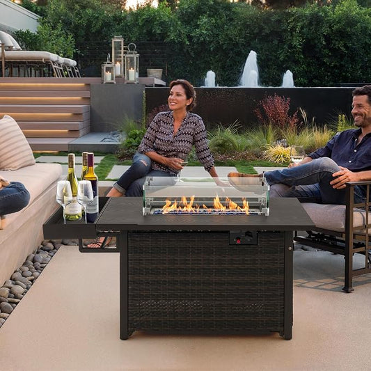 Tangkula Patio Propane Fire Pit Table, 52 Inch Wicker Gas Fire Pit with Wind Guard & Extended Shelf, 50,000 BTU Heat Output, Rectangular Fire Table with Blue Fire Stone & Waterproof Cover (Brown)