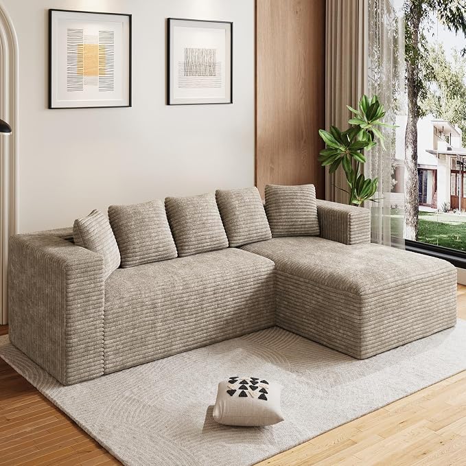 Oversized L Shaped Boneless Sectional Couches for Living Room, 107" Comfy Fluffy Cloud Modular Sectional Sofa, Plush Corduroy Memory Foam Floor Sofa with Right Facing Chaise Couch