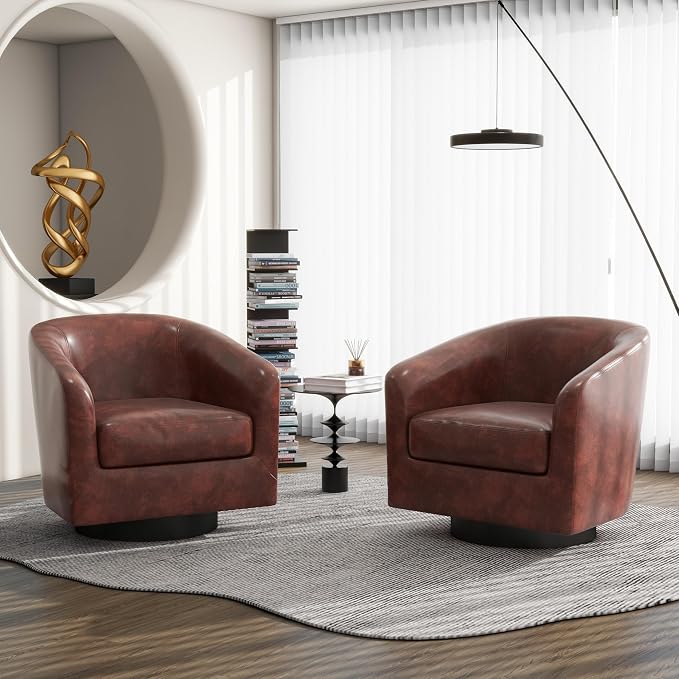 Swivel Barrel Accent Chair, Modern Round Faux Leather Arm Chair for Living Room, Bedroom, Comfy Club Reading Chairs for Adults(Faux Leather, Red Brown, Set of 4)