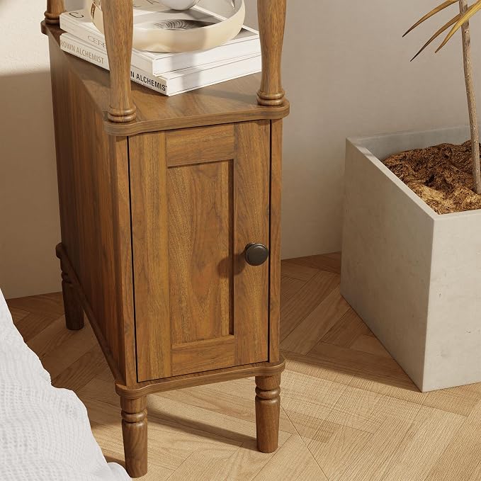 Veegle Narrow Nightstand,Skinny End Side Table (Walnut Brown) | Mid-Century Modern Night stand with Storage,Bedside Table for Bedroom and Living Room