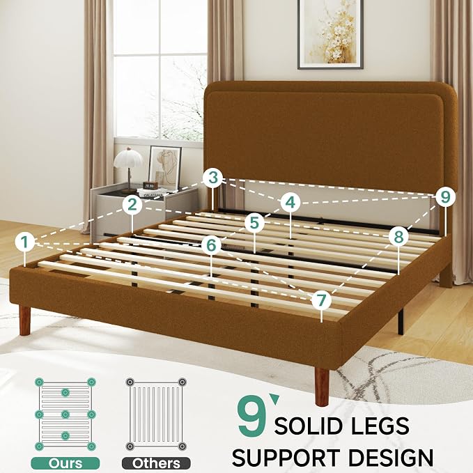 King Size Boucle Platform Bed Frame with Adjustable Headboard, Upholstered Cloud Bed, Solid Wooden Legs, No Box Spring Needed, Easy Assembly, Brown