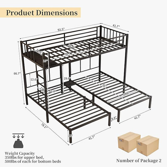 Metal Triple Bunk Bed, Twin Over Twin Over Twin, Black | Charging Station, Heavy Duty Frame, Guardrails and Ladder, Converts to Separate 3 Twin Beds, For Teens Bedrooms