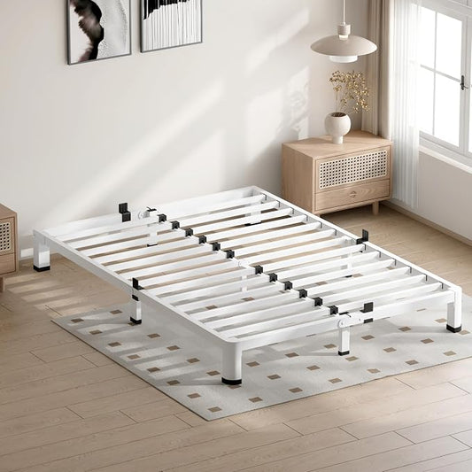 VIPSHOW 4 Inch White Queen Bed Frame, 3500Lbs Heavy Duty Metal Platform with Round Corner Legs Mattress Slide Stopper, Steel Slat Support No Box Spring Needed, Noise Free, Non-Slip, Easy Assembly
