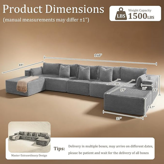 168" Cloud Sectional Couch, Comfort U Shaped Sofa for Living Room, Extra Deep Seats No Assembly, Minimalist Modular Couch, Corduroy (Light Grey, 7 Seats,U-Shape A)