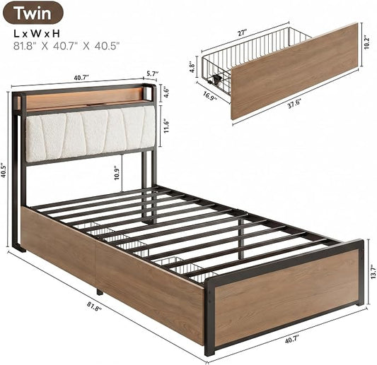 LIKIMIO Twin Bed Frames with 2 Storage Drawers, Charging Station & LED Lights, Platform Twin Bed with Boucle Upholstered Headboard, Strong Metal Slats, No Box Spring Needed, Easy Assembly, Wood/Cream