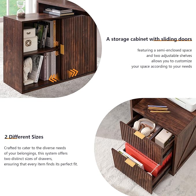 67" Modern Desk with Storage Cabinet & 2 Drawers, Built‑in Outlet | L Shaped Desk with Storage, Wood Home Office Desk, storage cabinet with sliding doors, Dark Walnut