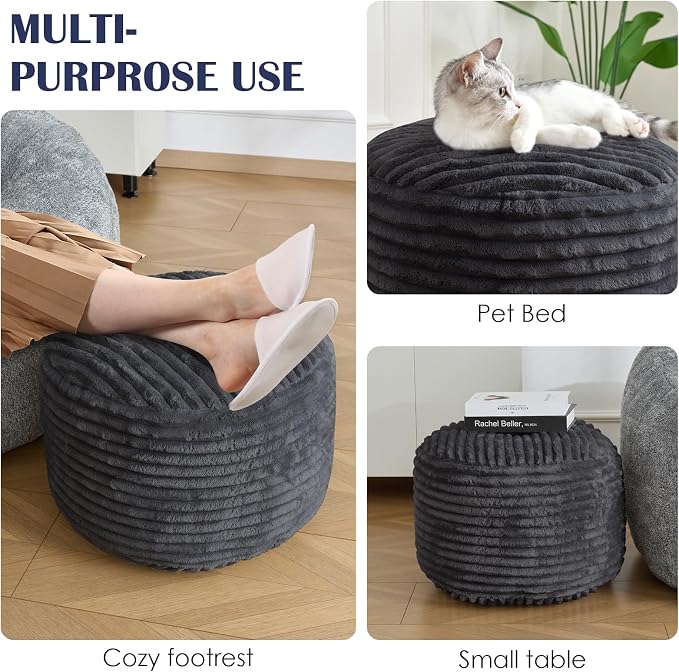 SHOUREN Stuffed Round Ottoman,Corduroy Pouf Ottoman Foot Rest with Foam Filling,Pouf Storage Ottoman Footstool for Living Room,20 X 15 Floor Poufs for Couch,Footrest Only - 20 X 15 Inches,Dark Grey
