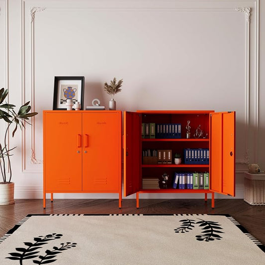 Orange 3 Tier Metal Storage Cabinet with Legs, Lockable 2 Door Metal Locker, Heavy Duty Multipurpose Accent Storage Cabinet with 2 Adjustable Shelves for Home, Office, Entryway and Hallway