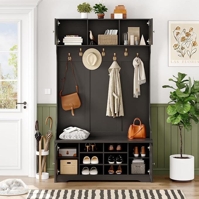 ONBRILL 78.7" Hall Tree with Bench and Storage, Entryway Bench with Coat Rack, 10 Cubbies with Adjustable Shelves & 7 Coat Hooks for Hallway, Entryway, Black