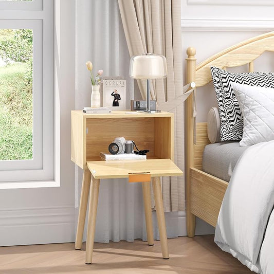Nightstands Set of 2, Bedside Table with Rattan Door, Boho End Table with Solid Wood Legs for Bedroom, Living Room, Small Space Nightstands, Natural Color, HNS001N