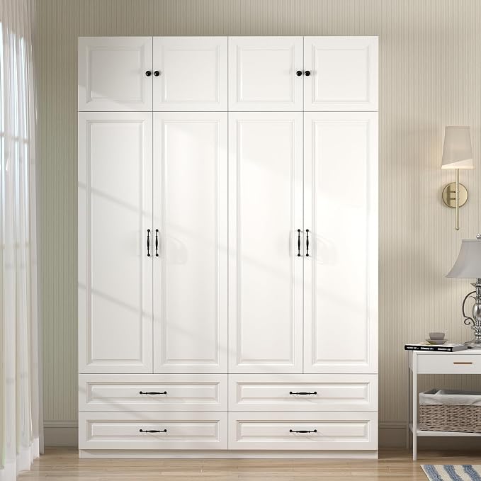 White Armoire Wardrobe Closet: 88" Extra Tall Wardrobe Closet with 4 Drawers, Bedroom Armoires with 4 Doors, Wood Large Armoire with Top Cabinet (White, 63")