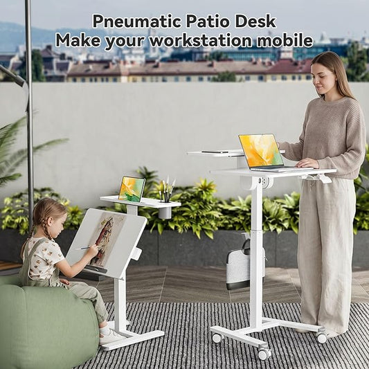 24Inch Rolling Standing Desk On Wheels, Mobile Laptop Stand with Tiltable Desktop, Smaller Computer Workstation Adjustable Height, 2-Tier Portable Study Table with Storage Shelves, White