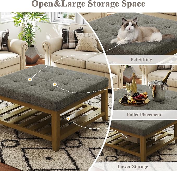 Befurtori Large Square Ottoman Coffee Table, Linen Solid Upholstered Footrest Ottoman with Solid Wood Shelf Storage Tufted Coffee Table for Bedroom Living Room, Granite
