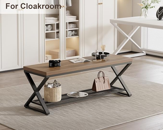 LVB Entryway Bench, Indoor Shoe Bench with Storage and Seating, Wood Metal Storage Bench for Bedroom Living Room, Farmhouse Shoe Rack Bench for Sitting in Hallway Foyer Entrance, Rustic Oak, 47 inch
