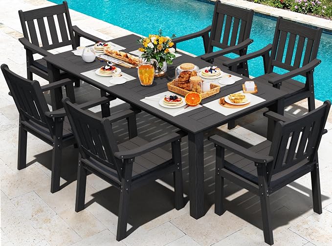YEFU Outdoor Dining Table for 6: All Weather Rectangular Patio Table with Umbrella Hole and Aluminum Frame - Outdoor Furniture for Outside Backyard/Garden/Pool/Porch/Deck 300lbs Capacity Black