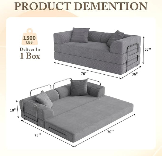 Cloud Boneless Couch Futon Sofa Bed, 5-in-1 Convertible Sofa Bed Pull Out Couch Sleeper Sofa Compressed Loveseat, 70" High-Density Sponge & Corduroy Fabric Futon Daybed for Living Room Bedroom (Gray) | 5-in-1 Convertible