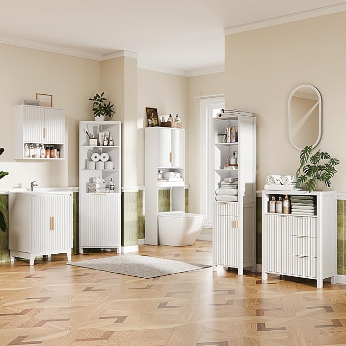 VINGLI Tall Corner Cabinet with Fluted Doors, 68" White Corner Storage Cabinet with Adjustable Shelves, Freestanding Wood Corner Bookshelf for Bathroom, Living Room & Kitchen, Space-Saving
