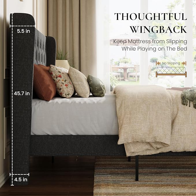 SHA CERLIN Queen Size Platform Bed Frame with Upholstered Headboard and Wingback, Button Tufted Design, Easy Assembly, No Box Spring Needed, Dark Grey